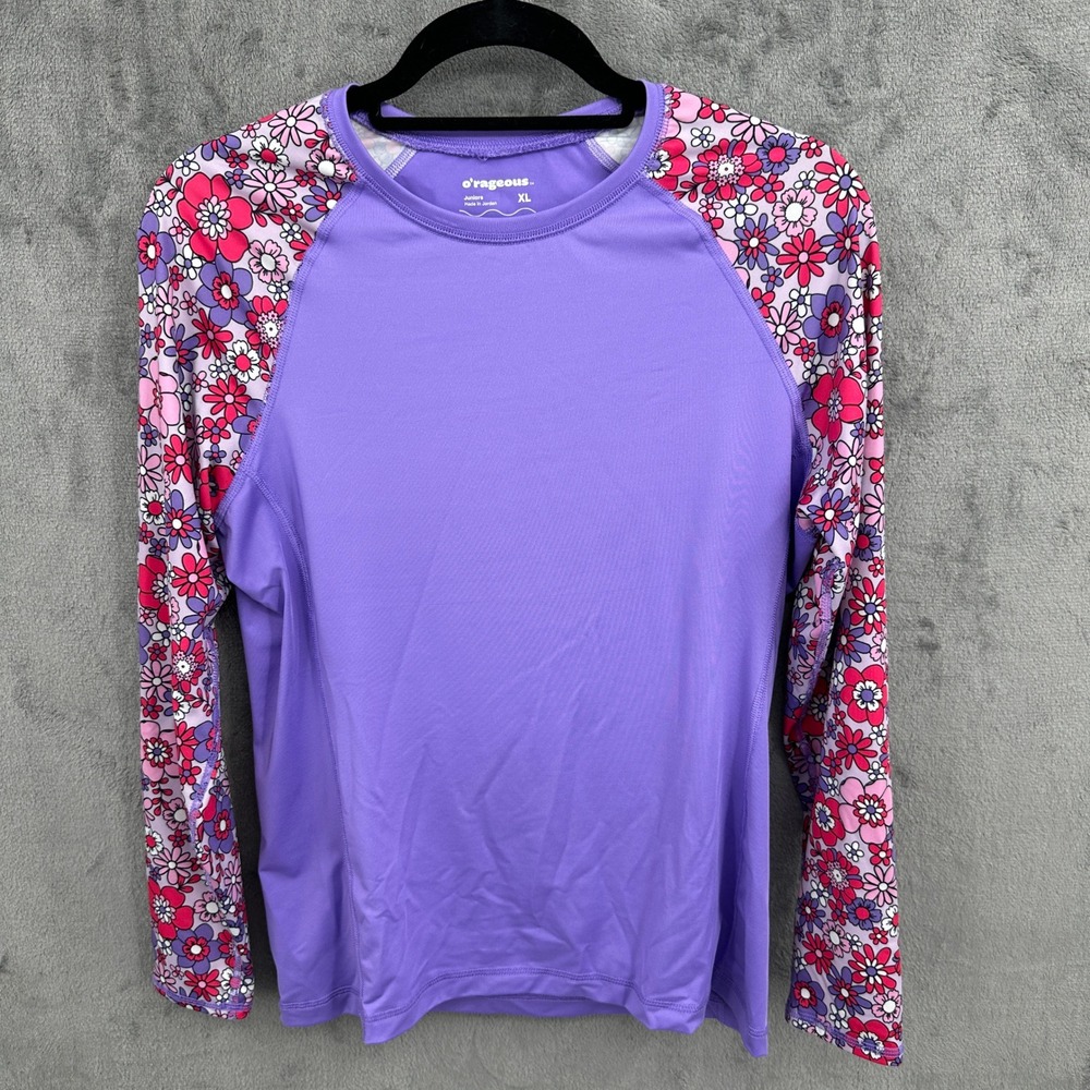 O'rageous Rash Guard Juniors XL Purple Retro Floral Raglan UPF 50 Swim Top